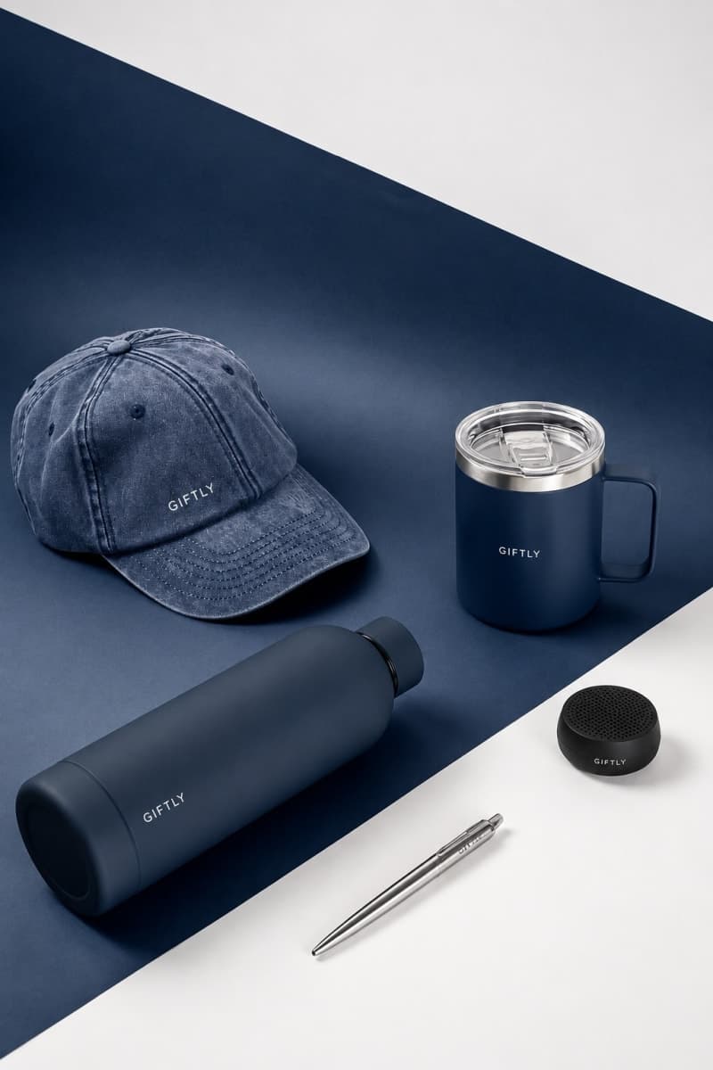 Giftly navy corporate gift set with cap, mug and bottle